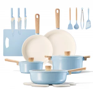 CAROTE 24pcs Ceramic Cookware Set, Pots and Pans Non Stick Kitchen Cookware Sets, Pots and Pans Set Cooking Set with Knife Set