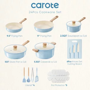 CAROTE 24pcs Ceramic Cookware Set, Pots and Pans Non Stick Kitchen Cookware Sets, Pots and Pans Set Cooking Set with Knife Set