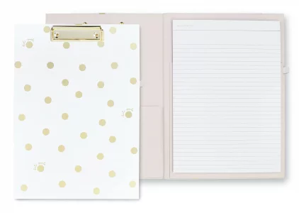 Kate Spade New York A4 Clipboard Folio with Low Profile Clip, Professional Padfolio Includes Lined Notepad, Pen Loop, and Pocket, Gold Dot with Scrip