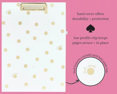 Kate Spade New York A4 Clipboard Folio with Low Profile Clip, Professional Padfolio Includes Lined Notepad, Pen Loop, and Pocket, Gold Dot with Scrip