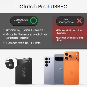 Clutch - Pro USB-C Portable Charger - Compatible with iPhone 15,16, 17 & Android Devices - Power Bank Magnetic Battery - TSA Travel Approved - USB Re