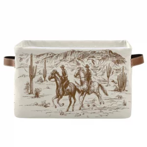 Cowboy Storage Basket Western Desert Cowboy Storage Bin Collapsible Sunflowers Large Storage Baskets with Leather Handles Storage Cube Box Organizer 