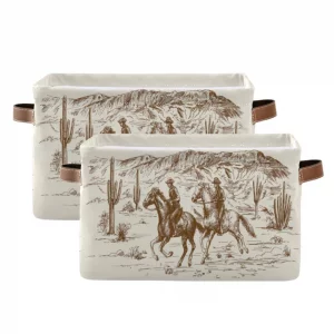 Cowboy Storage Basket Western Desert Cowboy Storage Bin Collapsible Sunflowers Large Storage Baskets with Leather Handles Storage Cube Box Organizer 