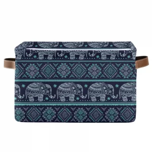 Vintage Indian Ethnic Elephant Square Storage Basket Bin Canvas Fabric Compressible Organizer Basket with Handle for Bedroom Nursery Office, 1PCS