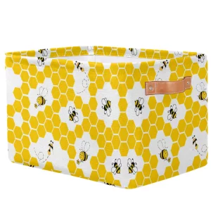 Cute Yellow Honey Bee Storage Basket Bin Geometric Honeycomb Collapsible Fabric Large Toys Storage Cube Box with Handles Closet Shelf Cloth Organzier