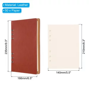PATIKIL 6 Ring Binder Cover, A5 Leather Notebook Binder Mini Refillable Loose Leaf Personal Planner with 80 Sheets Paper, Brown