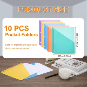 PATIKIL Binder Pocket for 3 Ring Binders, 10pcs 3 Hole Punch Pocket Folder Divider Slash File Jacket Organizer Sleeves for Office Paper Document, 5 C
