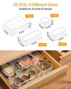 LUSCREAL 25 PCS Clear Plastic Drawer Organizers and Dividers, 4 Sizes Stackable Drawer Storage Bins and Organizer Trays for Bathroom, Kitchen, Office