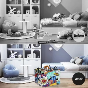 Clastyle 36L Rectangle Blue Comics Hero Kid Storage Basket Collapsible City Building Clothes Toy Nursery Bin Book Shelf Basket