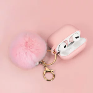 Protective Case Cover for Airpods Pro Charging Case with Ear Tips 1 Pair Kit, Air Pods Silicone Case with Soft Cute Ball Pom Pom Keychain Kit Togethe