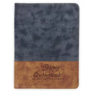 Christian Art Gifts Premium Vegan Leather Zippered Portfolio for Men W/Inspirational Scripture: Strong & Courageous, Encouraging Bible Verse W/Pen & 
