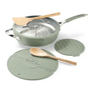 Tramontina Vue All-in-One Plus Pan Set, 5-Quart Ceramic Non Stick Cooking Pan with Glass Lid, Steamer Insert, Beechwood Utensils, Splatter Screen, Po