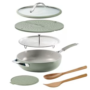 Tramontina Vue All-in-One Plus Pan Set, 5-Quart Ceramic Non Stick Cooking Pan with Glass Lid, Steamer Insert, Beechwood Utensils, Splatter Screen, Po