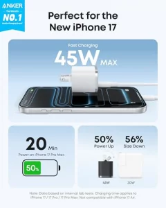 Anker Nano 45W Type C Charger Fast Charging, Compact and Foldable Plug USB C Charger Block for iPhone 17/16 Series, MacBook, Pixel 9, iPad, Samsung G