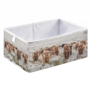 linqin Scottish Highland Cow Print Cube Storage Basket Collapsible Open Storage Bins Baby Nursery Basket Organizer with Handles for Shelves Closet Ho