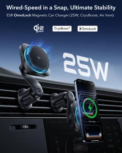 ESR OmniLock Qi2.2 Certified 25W MagSafe Car Mount Charger with CryoBoost, Phone Cooling MagSafe Car Charger, 360 Rotatable, Air Vent Magnetic Car P