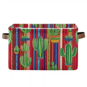 Nander Mexican Striped Style and Cactus Storage Basket 1PCS,Foldable Storage Bin Waterproof Laundry Basket Storage Box with Handle for Home Closet & 