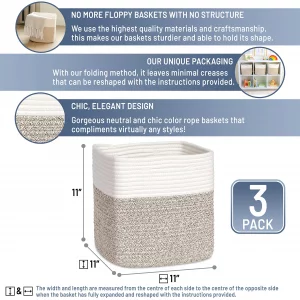 NaturalCozy Storage Cubes 11 Inch Cotton Rope Woven Baskets for Organizing, 3-Pack | Cube Bin Square Shelves Organizer, Classroom, Kids Toy Bins, Clo