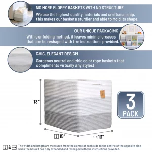 NaturalCozy 13x15x13 Kallax Storage Cubes Bins, 3 Pack | Cotton Rope Cube Storage Bin Woven Baskets for Organizing | Kallax Insert Storage Baskets fo