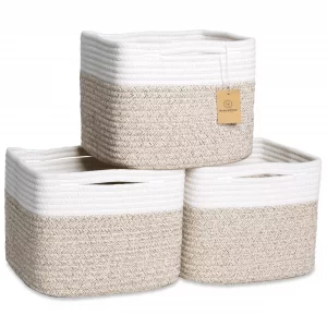 NaturalCozy Storage Cubes 9x9x7Cotton Rope Woven Baskets for Organizing 3-Pack | 9 Inch Cube Storage Bin | Small Basket for Shelf Nursery, Pantry,