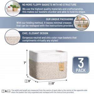 NaturalCozy Storage Cubes 9x9x7Cotton Rope Woven Baskets for Organizing 3-Pack | 9 Inch Cube Storage Bin | Small Basket for Shelf Nursery, Pantry,