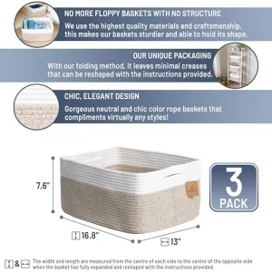 NaturalCozy Storage Baskets 16.8x13x7.6 Cotton Rope Woven Baskets for Organizing 3-Pack | Toy Storage Bins | Basket for Shelves, Laundry, Blanket,