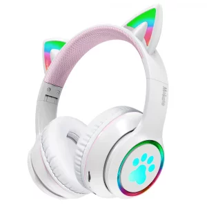 Mokata Gaming Bluetooth 5.0 Wireless Headphones Over Ear Cat Led Light Foldable Music Headset with Aux 3.5mm Microphone (Built-in) for Adult & Kids P