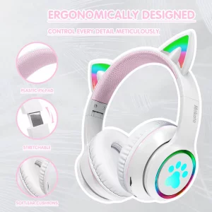 Mokata Gaming Bluetooth 5.0 Wireless Headphones Over Ear Cat Led Light Foldable Music Headset with Aux 3.5mm Microphone (Built-in) for Adult & Kids P