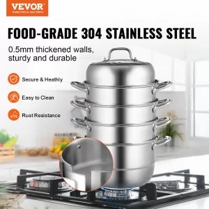 VEVOR Steamer Pot 11.8in/30cm, 5 Tier Steamer Pot for Cooking with 10QT Stock Pot, 3 Vegetable Steamers & 2 Steaming Trays, Food-Grade 304 Stainless 