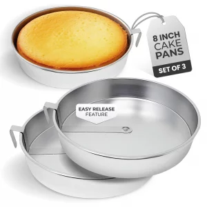 Aunt Shannon's Kitchen 8 Inch Round Cake Pans, 3 Pack, Silver Cake Pan with a Built-in Swivel Blade, Easy Release Cake Pans Set for Baking, Baking Pa