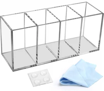 Ouskr Acrylic Pen Holder 4 Compartments, Clear Acrylic Pencil Holders for Desk, Makeup Brush Holder Cup Organizer, Pen Holder Stationery Storage Desk