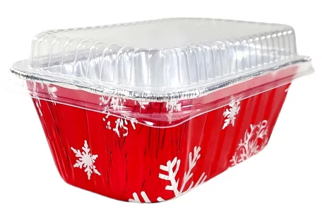 PACTOGO Disposable 1 lb. Red Holiday Christmas Aluminum Foil Small Mini Loaf/Bread Baking Pans with Clear Dome Lids (Pack of 12 Sets)