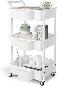 3-Tier Utility Rolling Cart,Mobile Utility Cart with Lockable Caster Wheels,Storage Shelves Organizer Cart, 3 Hanging Baskets, Easy Assembly,for Bath
