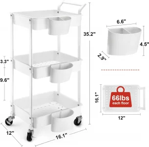 3-Tier Utility Rolling Cart,Mobile Utility Cart with Lockable Caster Wheels,Storage Shelves Organizer Cart, 3 Hanging Baskets, Easy Assembly,for Bath