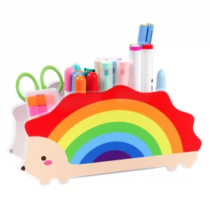 Habibery Rainbow Desk Organizer Acrylic Pen Holder Cute Hedgehog Crayon & Marker Organizer, Homeschool Supplies & Room Decor, Perfect for Back to Sch