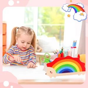 Habibery Rainbow Desk Organizer Acrylic Pen Holder Cute Hedgehog Crayon & Marker Organizer, Homeschool Supplies & Room Decor, Perfect for Back to Sch