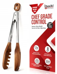 3-in-1 Kitchen Tongs & Pasta Server  12 Inch Walnut Multifunction Tongs with Slotted Forked & Flat Tips for Pasta, Salad, Cooking and More  Elegant