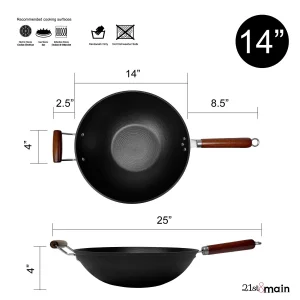 21st & Main Light weight Cast Iron Wok, Stir Fry Pan, Wooden Handle, 14 Inch, chefs pan, pre-seasoned nonstick, commercial and household, for Chines
