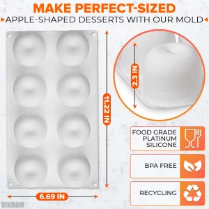 8 Cavity Apple Silicone Mold - 11.22 x 6.69 x 2.3 Inches Apple Mold for Baking, Good for Pastry, Jelly, Ice Cream, Soap, and Candles, Non-Stick and E