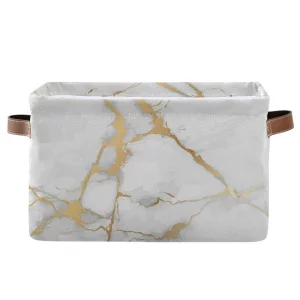 White Gold Marble Storage Basket Bin Large Fabric Toys Storage Cube Box with Handles Collapsible Closet Shelf Cloth Organizer Basket for Nursery Bedr