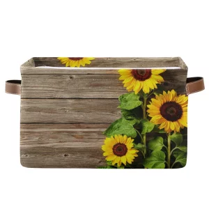 Vintage Sunflower Wooden Storage Basket Bins Large Fabric Storage Cube Box with Handles Collapsible Closet Shelf Cloth Organizer Baskets for Shelves 