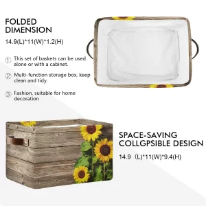 Vintage Sunflower Wooden Storage Basket Bins Large Fabric Storage Cube Box with Handles Collapsible Closet Shelf Cloth Organizer Baskets for Shelves 