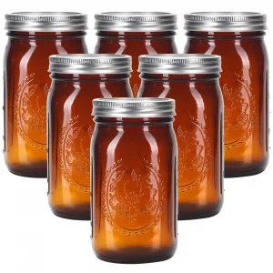 eleganttime Amber Glass Mason Jars 32 oz Wide Mouth with Airtight Lids and Bands 6 Pack Large Glass Canning Mason Jars Quart,Great for Canning Jar Pi