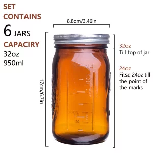 eleganttime Amber Glass Mason Jars 32 oz Wide Mouth with Airtight Lids and Bands 6 Pack Large Glass Canning Mason Jars Quart,Great for Canning Jar Pi