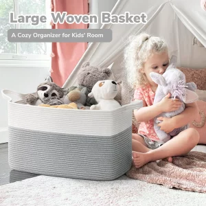Goodpick Large Toy Storage Basket, Grey Cotton Rope Baskets Toy Storage Bin for Baby, Kids, Woven Storage Basket with Handle for Laundry, Living Room