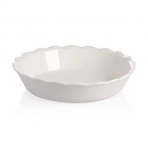 Sweejar Ceramic Pie Pan - 10 Inch Round Baking Dish for Dinner, Non-Stick with Soft Wave Edge for Apple, Pumpkin and Pot Pies (White)