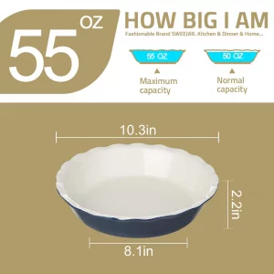 Sweejar Ceramic Pie Pan - 10 Inch Round Baking Dish for Dinner, Non-Stick with Soft Wave Edge for Apple, Pumpkin and Pot Pies (White)