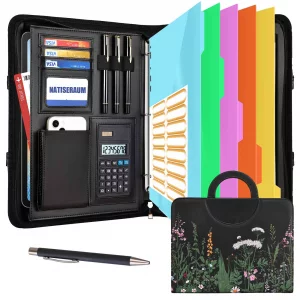 NATISERAUM Portfolio Organizer - 3 Ring Binder with Handle, Vegan Leather Business Padfolio Folder with Notepad, Includes 5 Dividers with 10 Pockets 