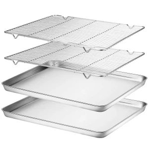 Wildone Baking Sheet & Rack Set [2 Sheets + 2 Racks], Stainless Steel Cookie Pan with Cooling Rack, Size 16 x 12 x 1 Inch, Non Toxic & Heavy Duty & E