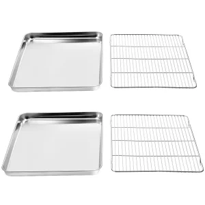 Wildone Baking Sheet & Rack Set [2 Sheets + 2 Racks], Stainless Steel Cookie Pan with Cooling Rack, Size 16 x 12 x 1 Inch, Non Toxic & Heavy Duty & E